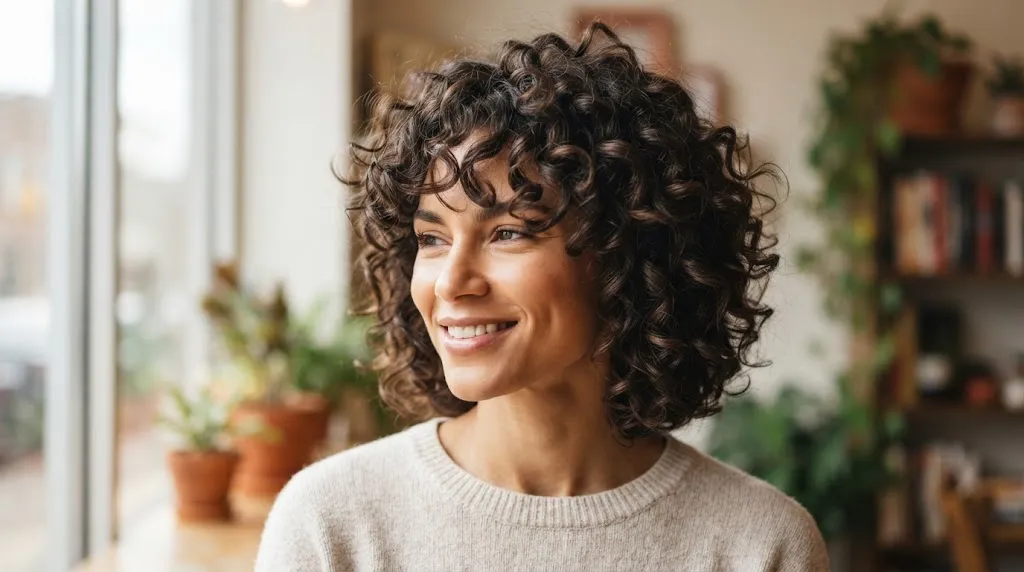 A smiling woman with a square face shape showcasing a beautiful, voluminous, layered curly haircut in natural daylight, without any text overlay.