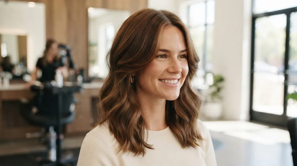 A smiling woman with a square face shape in a salon, wearing a stylish medium-length chestnut-brown haircut with soft, face-framing waves and layers that soften her jawline and forehead.