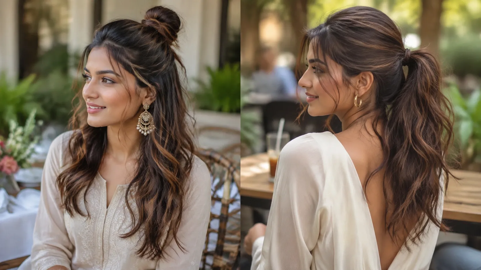 Woman with medium-length textured hair styled in a relaxed half-up messy bun for a casual get-together