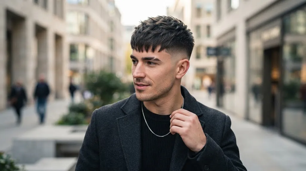 A stylish man with a modern textured French crop haircut and faded sides designed to balance a long face shape.