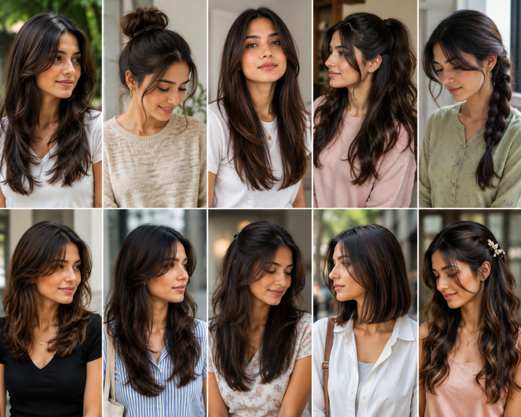 Girls showcasing everyday hairstyles with open hair, layers, braids, ponytails, buns and soft waves