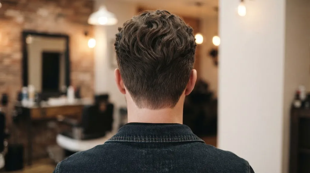 A detailed back view photograph of a man with a freshly cut, professional normal slope hairstyle, showcasing the gradual taper and blend in a barbershop setting.