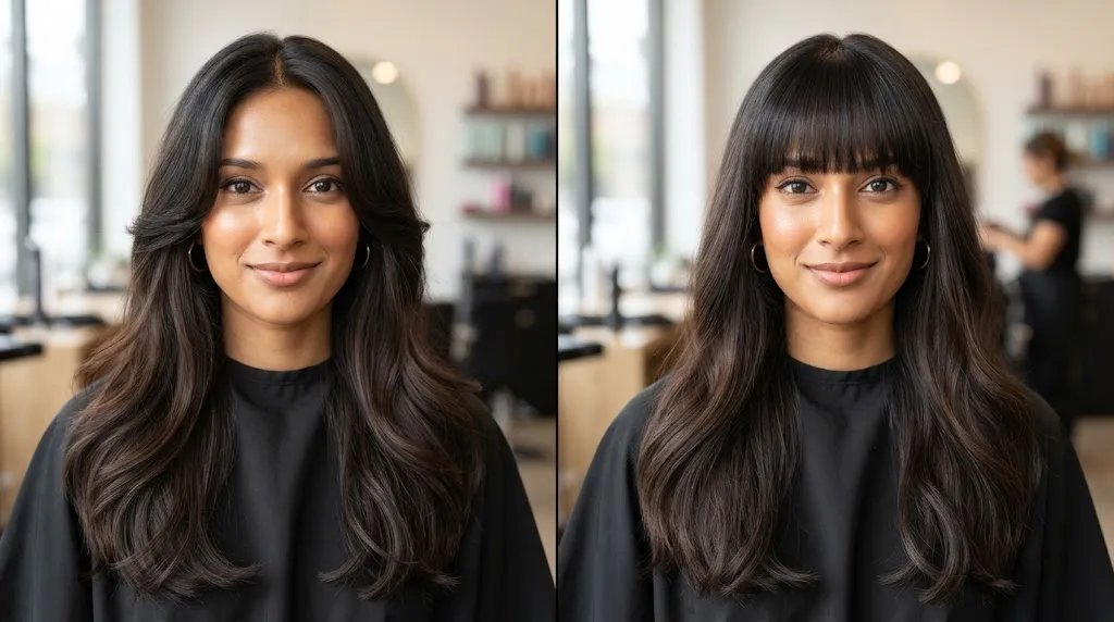 Comparison showing an Indian style front face-framing hair cut versus a traditional full fringe on long hair