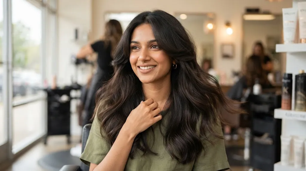 Front layer cut for long hair Indian style featuring soft face-framing layers and natural movement around the chin and collarbone.