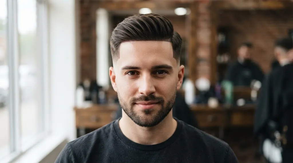 Front view showing the clean and balanced top shape of a normal slope haircut