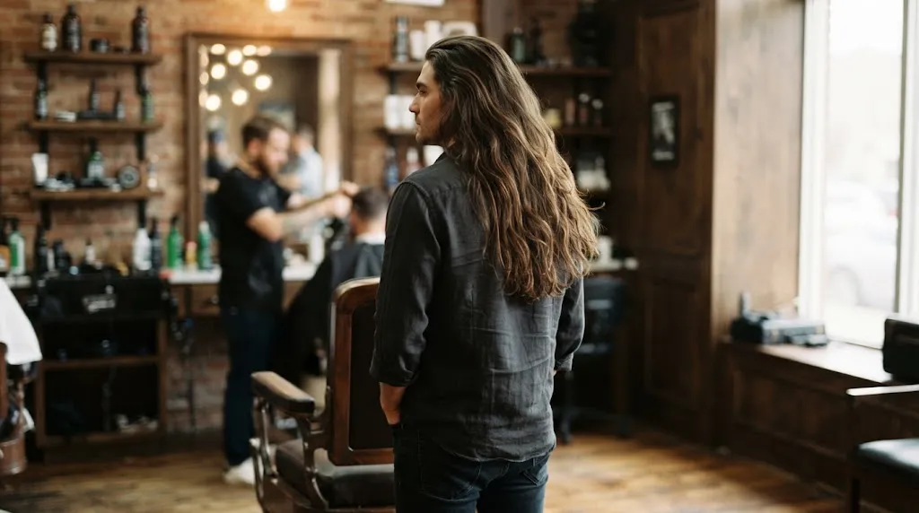 A man featuring a classic full back hairstyle with long, healthy hair flowing over the shoulders in a professional barbershop.
