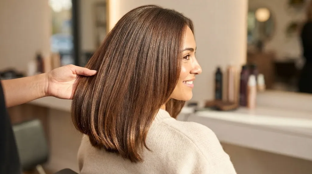 A stylist's hand showcasing a woman's perfectly smooth, shiny, and healthy medium-length brown hair in a salon setting, demonstrating the complete elimination of frizz.