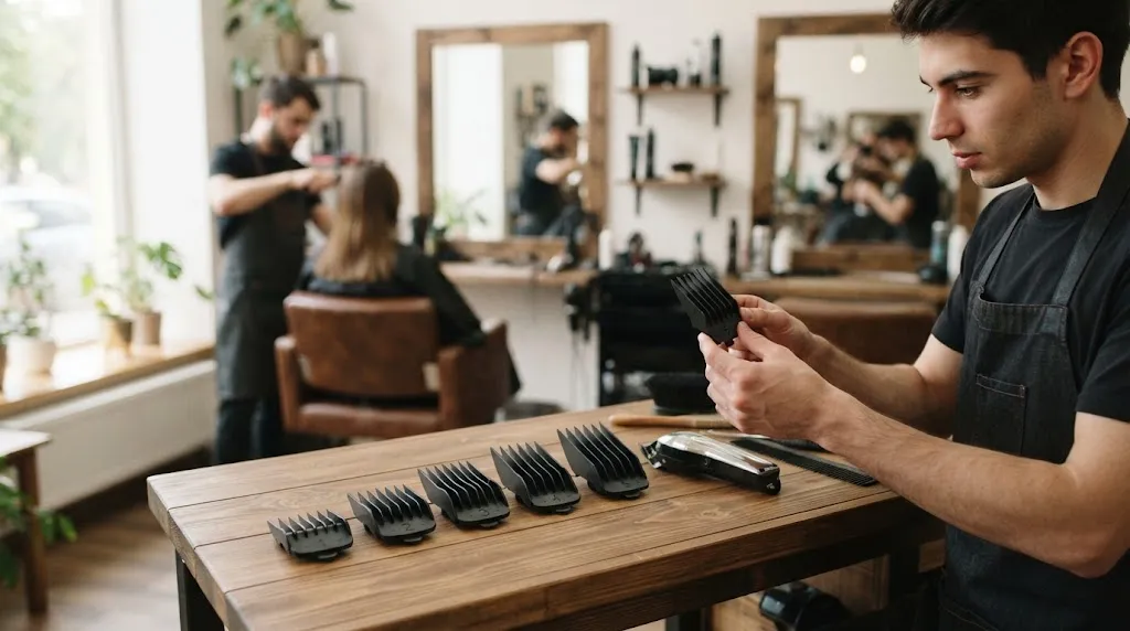 Professional hair clipper guards numbered 1 through 5 arranged in a salon setting for haircut length reference.