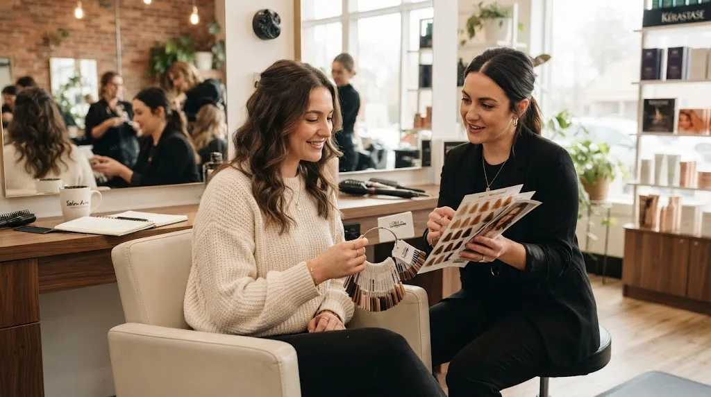 A person discussing haircut options and styling preferences with a professional stylist in a bright, modern salon during a pre-cut consultation.