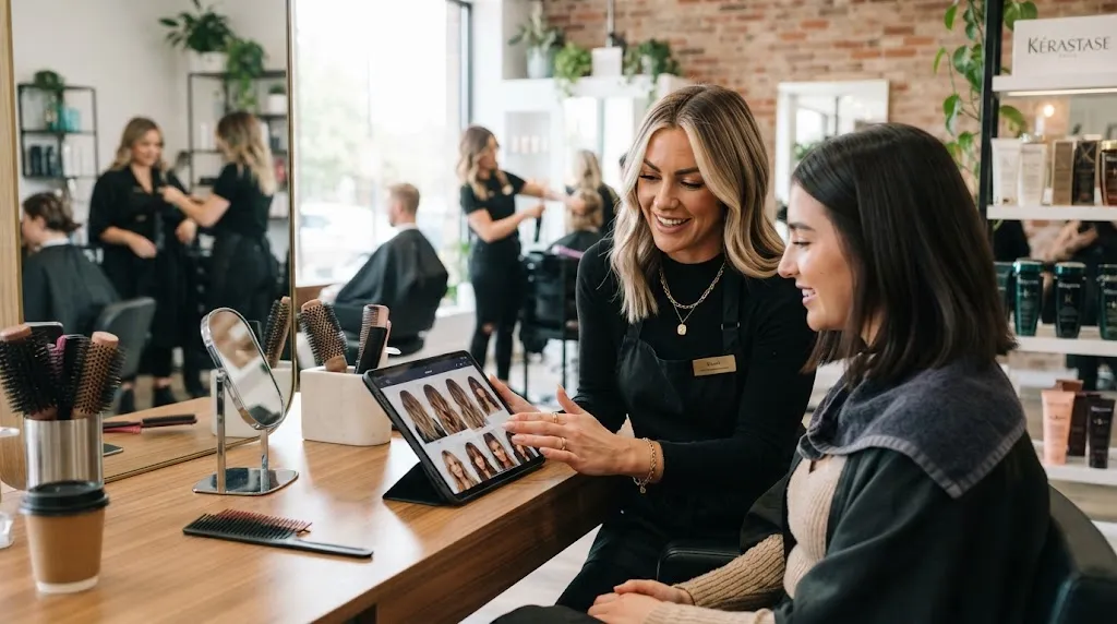 A hairstylist and client reviewing hairstyle reference photos on a tablet during a salon consultation