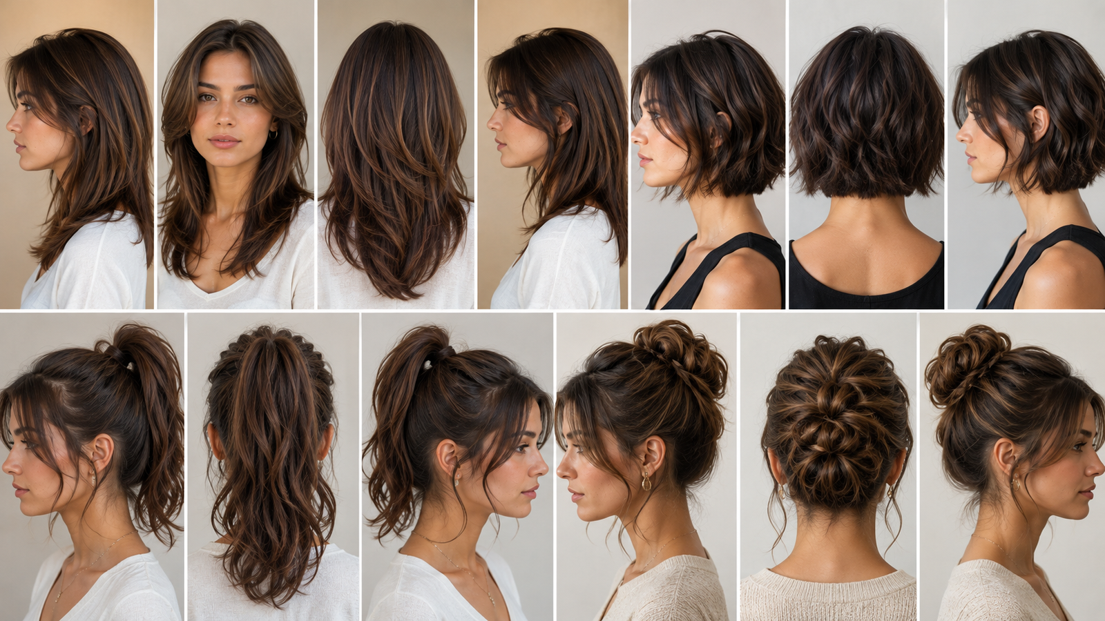 Women&rsquo;s hairstyles shown from front, side and back views highlighting layers, back shapes, ponytails and updos
