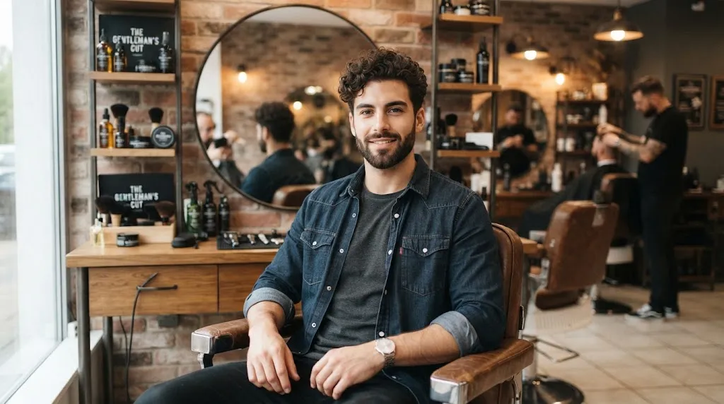 A stylish young man with a modern curly haircut and beard sitting in a barbershop showcasing the complete guide to men's curly hairstyles.