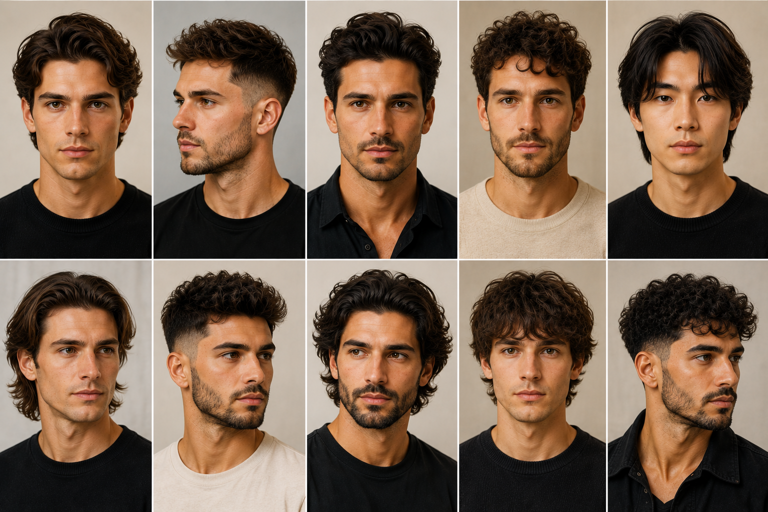 Men with different face shapes and hairstyles showing variations in facial length, width, jawline and forehead proportions