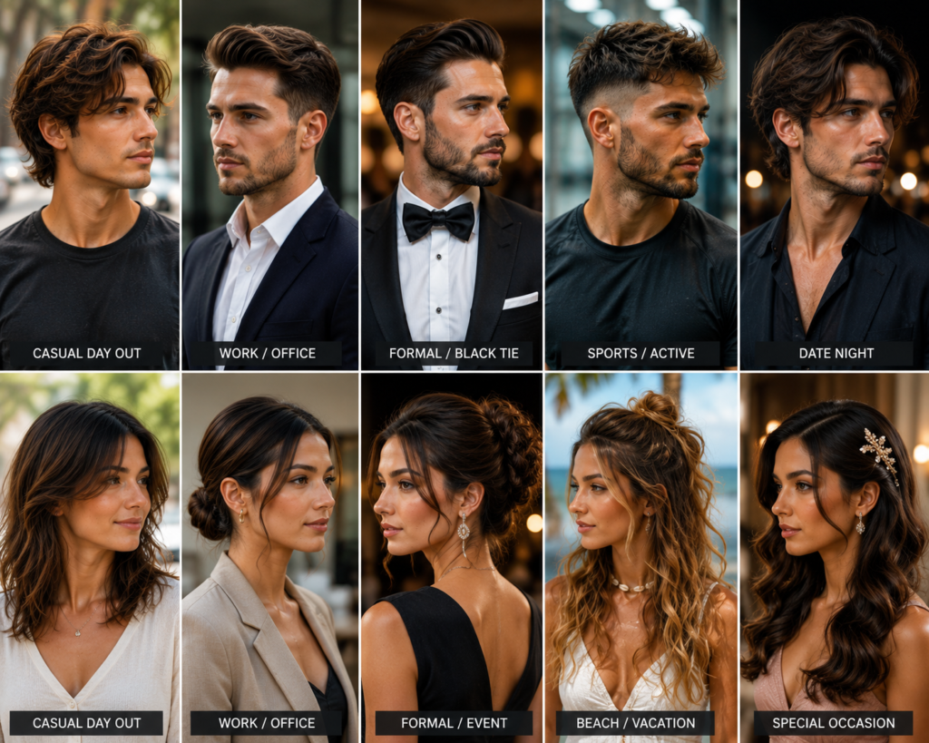 Men and women wearing hairstyles for work, formal events, parties, weddings, casual outings and special occasions