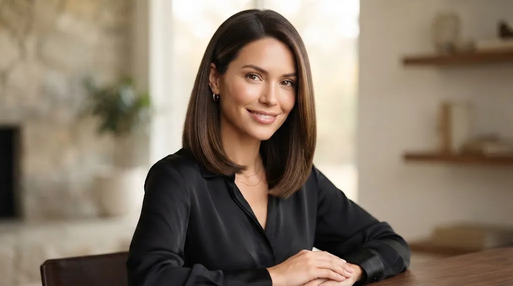 A woman with healthy, voluminous fine straight hair styled in a sleek, modern shoulder-length bob for a professional look.
