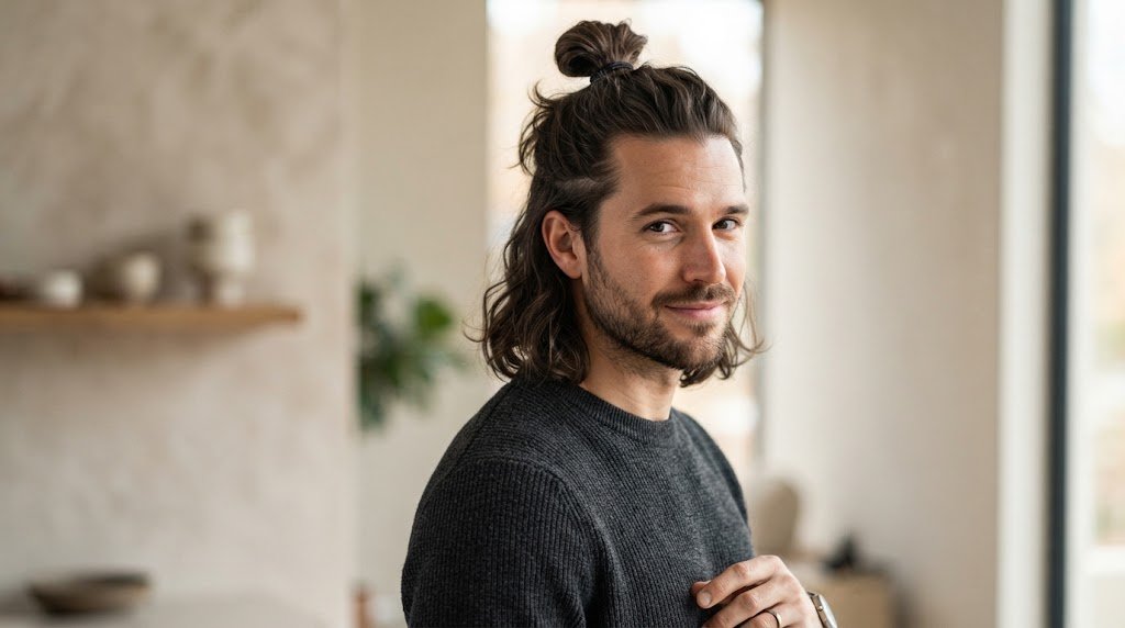 A man with medium-length hair styled in a clean half-up man bun, showcasing a versatile and trendy look.