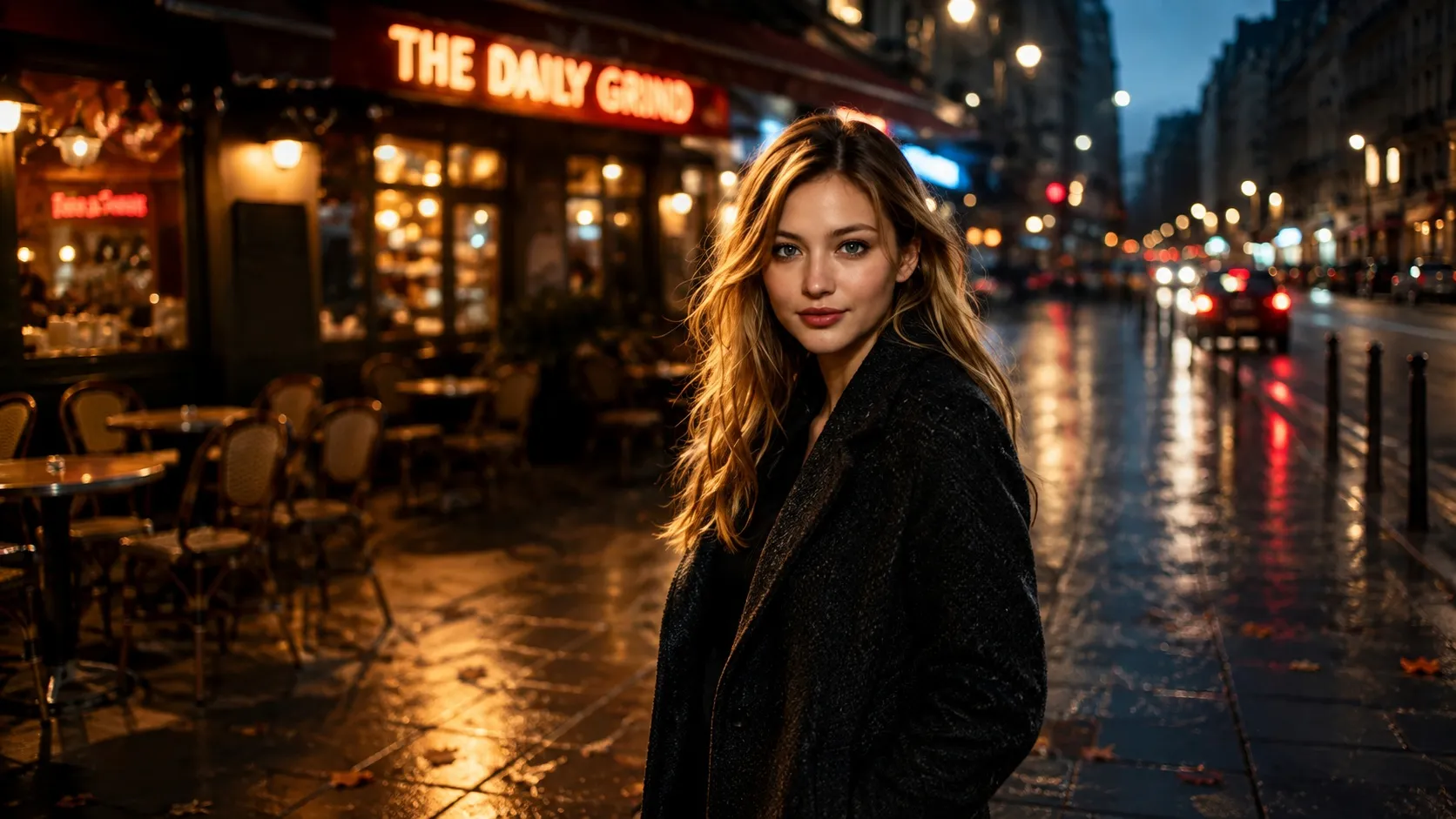 Ultra-high-resolution wide 16:9 landscape photograph of a woman showcasing a halo round layered haircut with curved face-framing layers and rounded crown volume in a modern caf&eacute; setting without text.