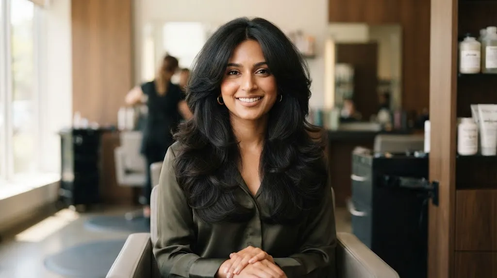 Gorgeous woman with a halo round layered cut on long thick Indian hair showing face-framing layers curving inward around the cheeks and jawline