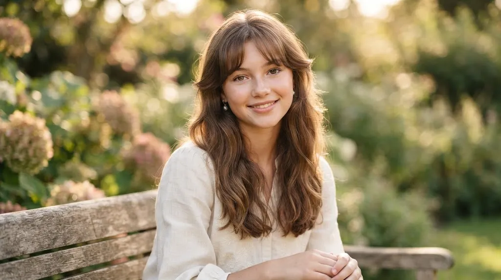 A teenage girl with a heart-shaped face wearing a flattering mid-chest length haircut with face-framing layers and wispy bangs.