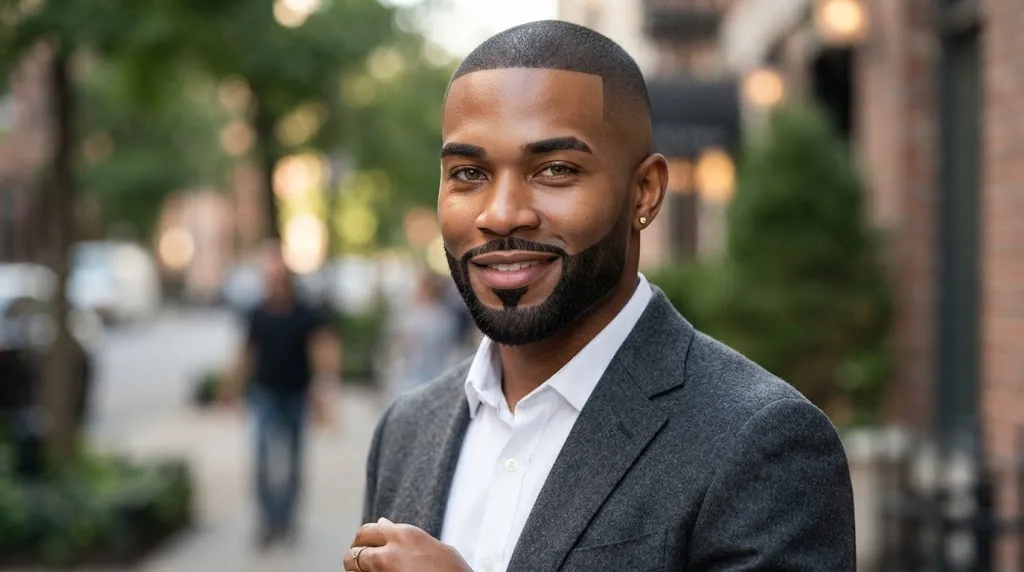 A handsome man showcasing a modern high fade buzz cut paired with a sharp, clean beard line and professional grooming