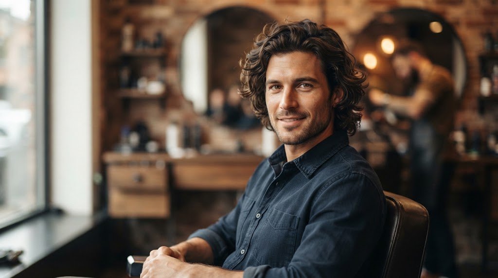 A man showcasing healthy medium-length hair growth as he transitions from short to medium style