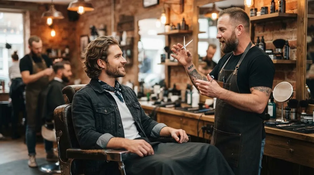 A man consulting with a professional barber about achieving a medium-length hairstyle in a modern barbershop.