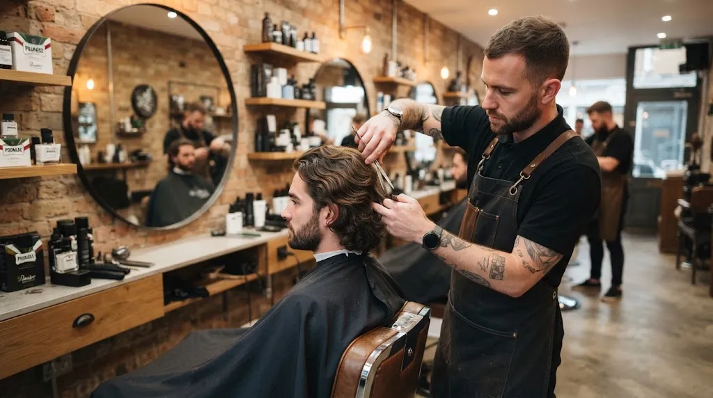 A professional barber styling a man's wavy hair in a modern barbershop.
