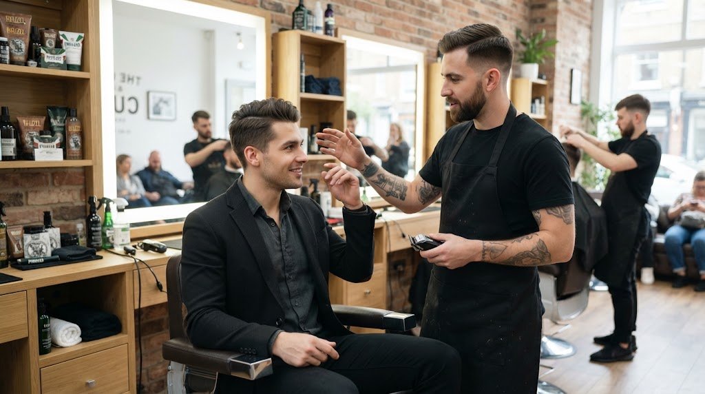 A stylish man discussing his preferred medium length hairstyle with a professional barber in a modern shop.