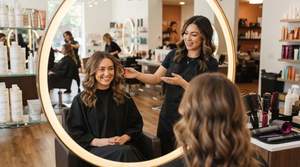 A professional hair salon consultation showing a stylist and client discussing step-by-step front hair cutting for long hair