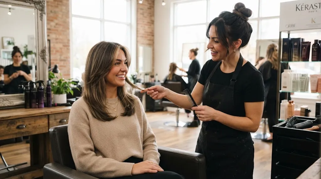 A stylish woman with beautiful medium-length layered hair consulting with a professional stylist in a modern salon to choose a 2026 hair trend