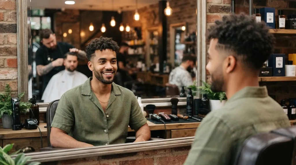A stylish man with curly hair evaluating his face shape in a modern barbershop mirror