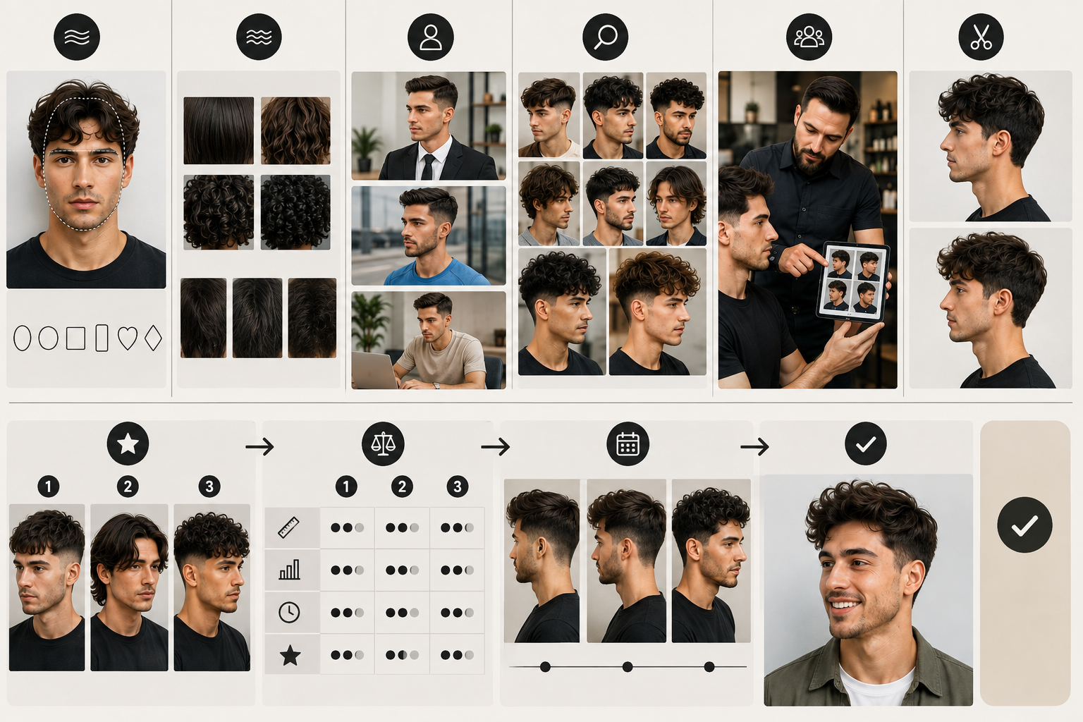 Visual guide for choosing a hairstyle based on face shape, hair type, lifestyle, maintenance and personal style