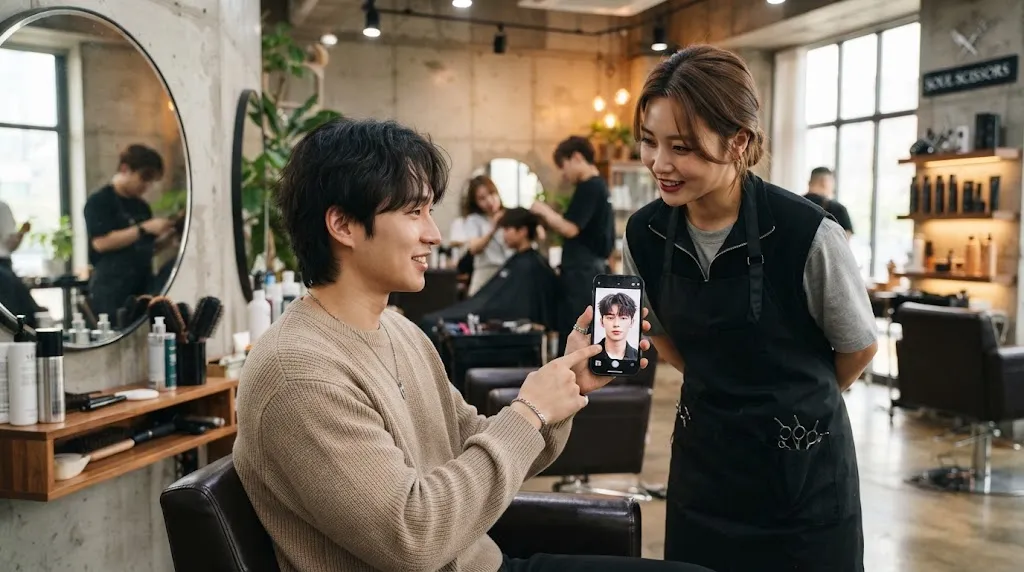 Young man in a modern salon looking at a reference photo on his smartphone to choose a Korean hairstyle
