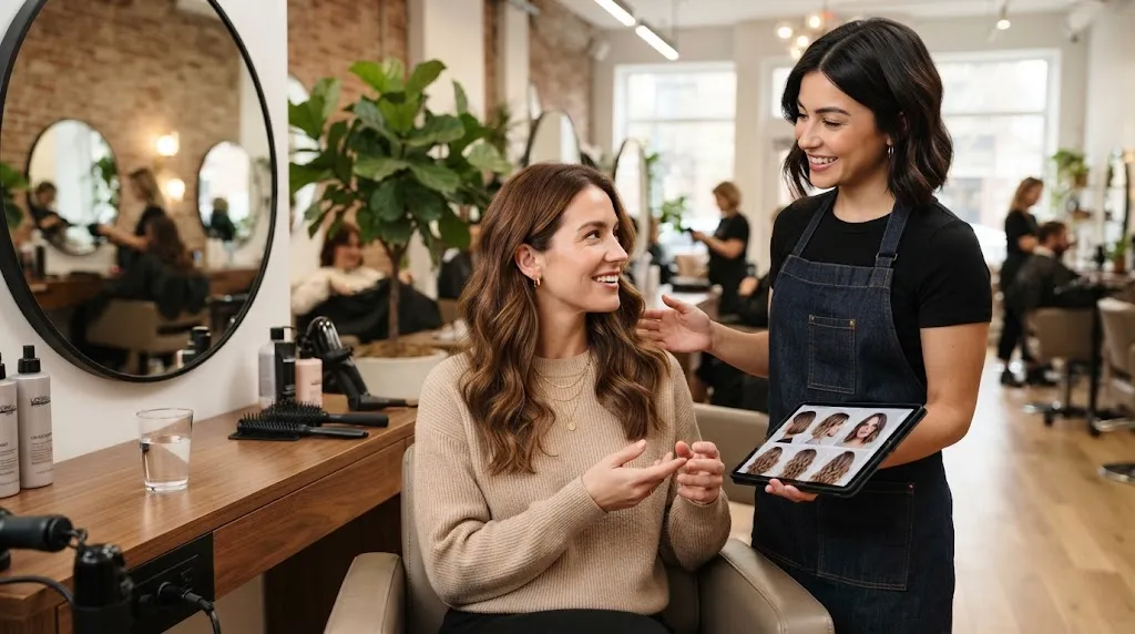 A woman receiving expert consultation in a salon to choose the best medium-length hairstyle for her face shape and hair texture