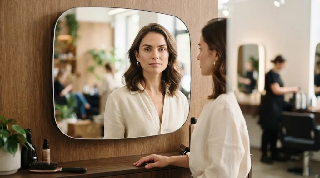 A woman in a professional salon looking into a mirror to identify her face shape before choosing a new hairstyle.