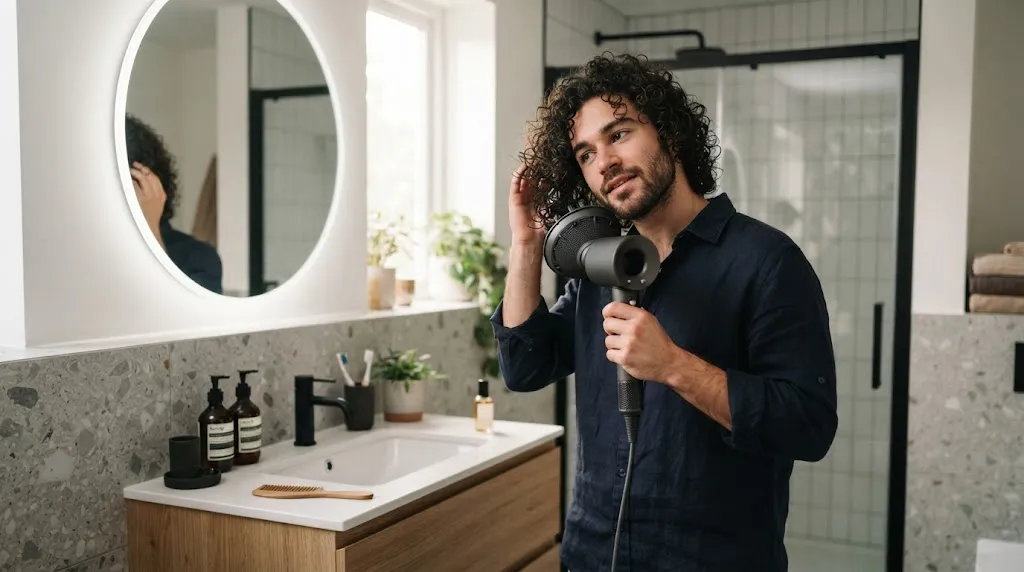 A man with defined curly hair drying his locks using a hair dryer with a diffuser attachment in a bright modern bathroom