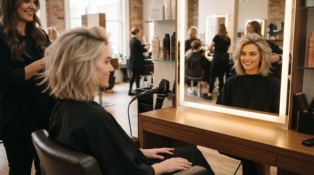 A person with fine hair in a salon looking for ways to add root volume and prevent flat hair