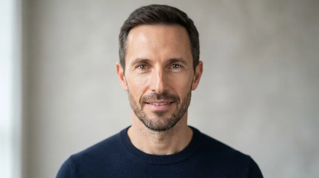 A close-up portrait of a man with an oblong face shape, useful for identifying long face characteristics.