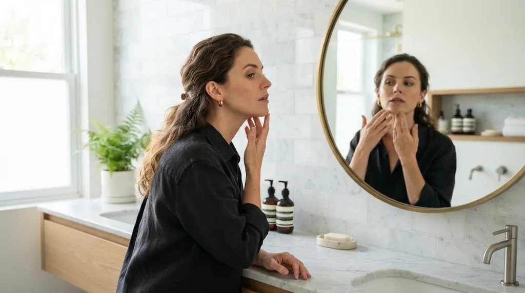 A person checking their jawline and facial proportions in a mirror to determine if they have a square face shape.