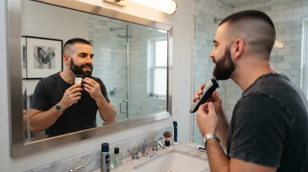 A man with a neat buzz cut and well-groomed beard performing routine maintenance in front of a mirror