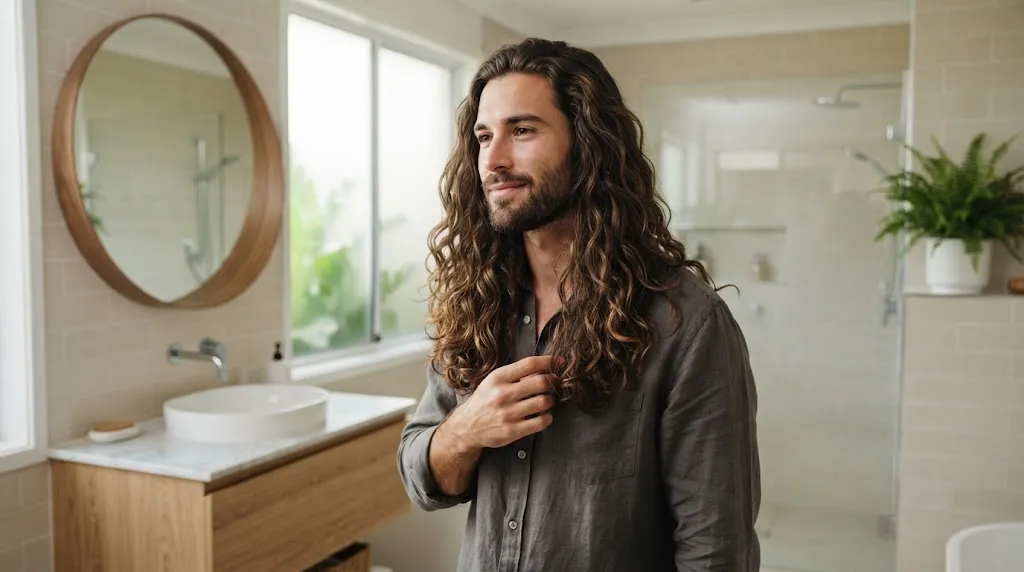 A man with healthy, defined long wavy hair after following a proper maintenance routine.