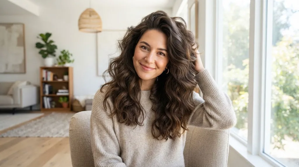 A person dealing with thick hair that looks too heavy around their face, showing the challenge of managing dense hair texture.