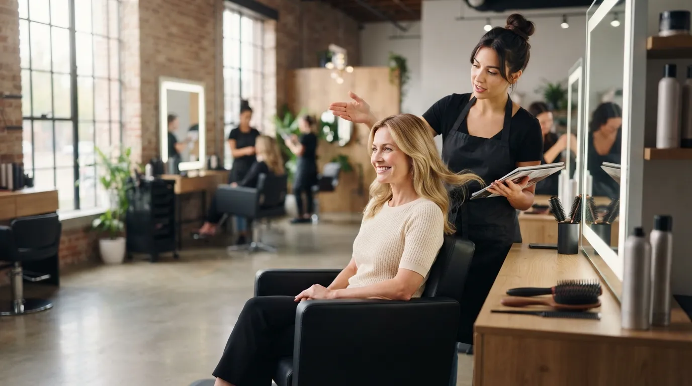 Wide 16:9 photo of a professional hairstylist giving a personalized consultation to a female client seated in a salon chair without text.