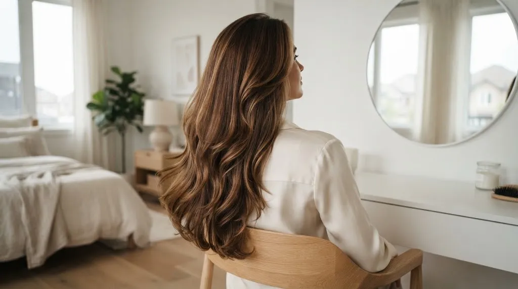 A person with healthy, long layered hair styled with a beautiful back-swept flow at home.