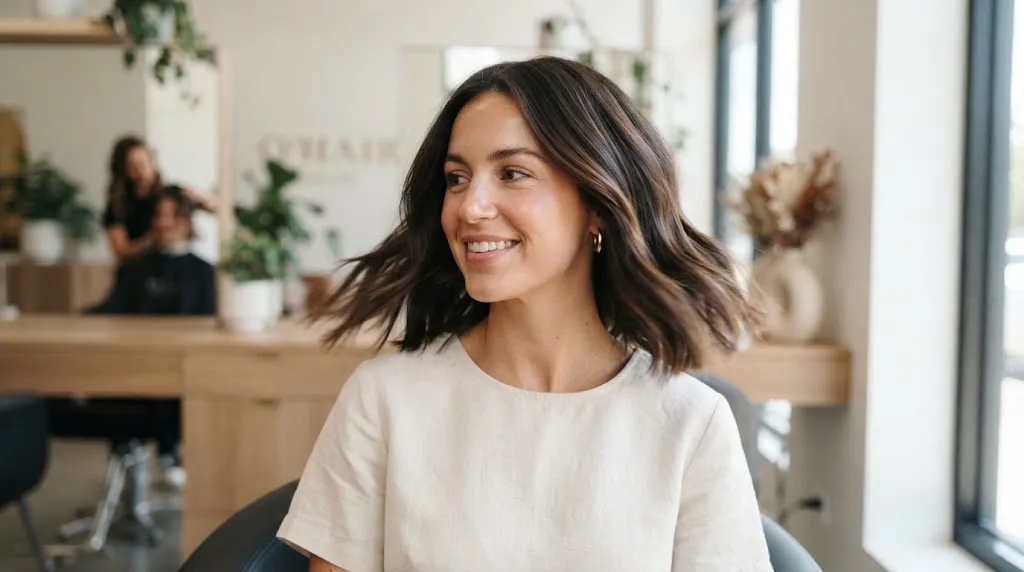 A young woman with a stylish, healthy shoulder-length haircut demonstrating a modern, versatile hairstyle.