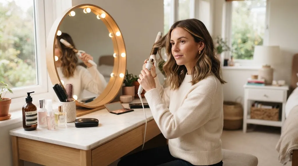A stylish woman styling her medium-length hair at home in front of a bright modern vanity mirror with soft natural lighting