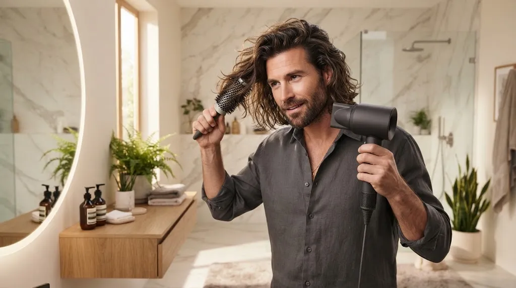 A man styling his medium length hair using a hair dryer and brush in a modern bathroom