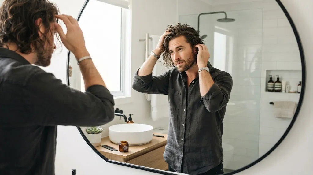 A man styling his medium length hair with product in a modern bathroom