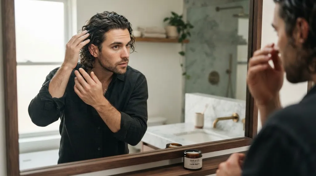 A man styling his natural wavy hair using a styling cream in a professional setting