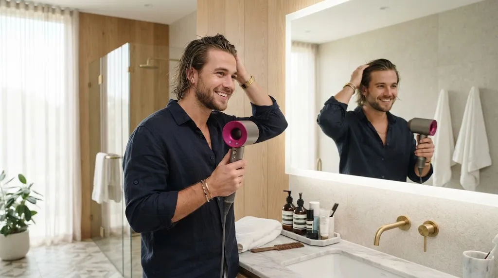 A young man expertly blow-drying and styling his modern Korean hairstyle in front of a bathroom mirror.